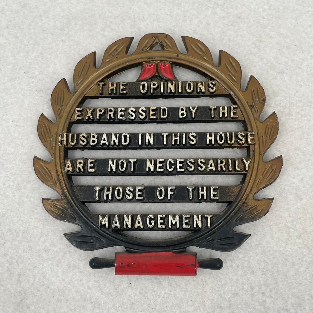 Vintage Husband Management Opinion Trivet Plaque Made Japan Cast Metal Wall Sign